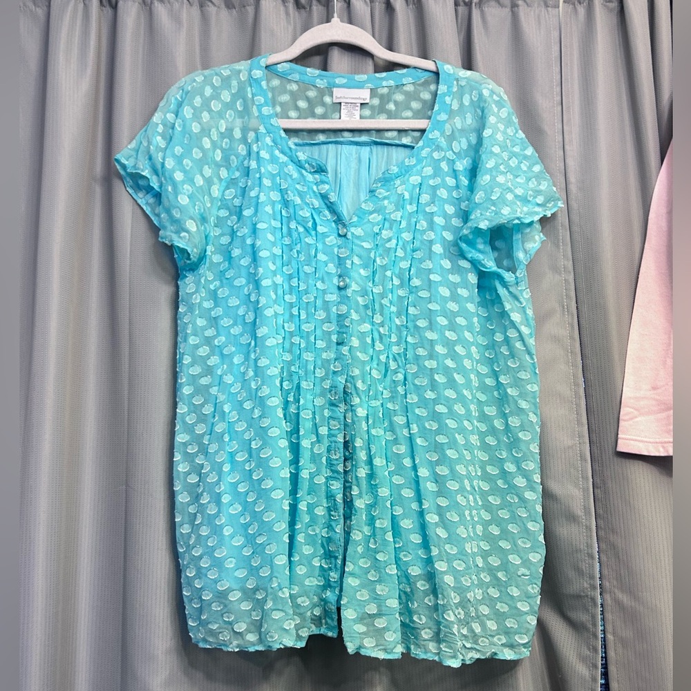 50%off w❤️Soft Surroundings Silk Blend  Shirt aqua Polka Dot Button Up Blouse XL